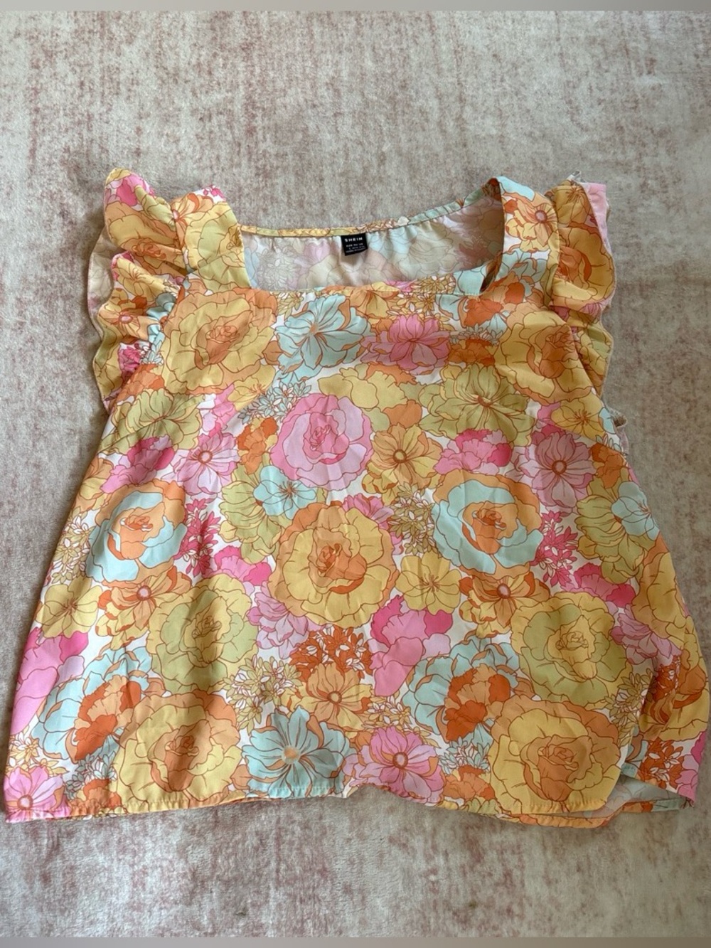 SHEIN Yellow Pink Floral Ruffle Sleeve Top